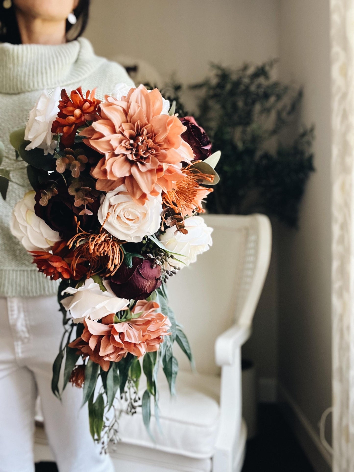 Cascade Bridal Bouquet perfect for Fall Autumn Summer Terracotta Dahlia Peony Rust Sage Burgundy Garden