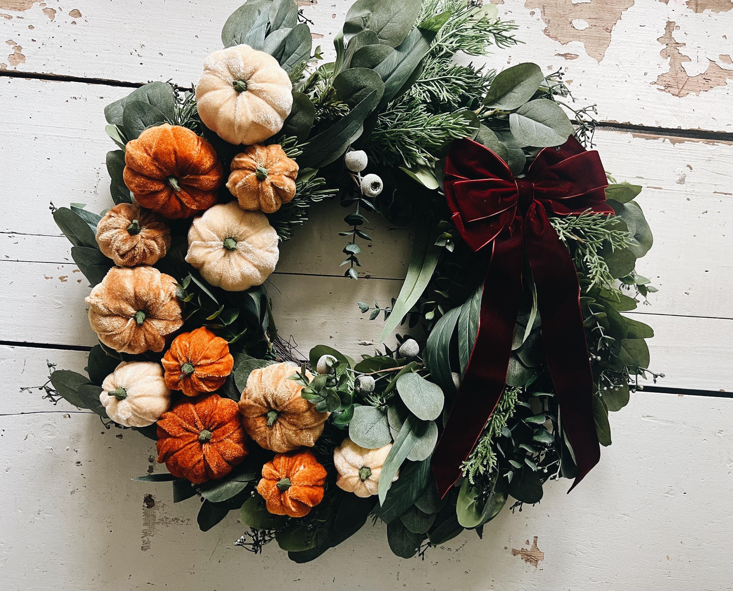 Luxe 24” Artificial Pumpkin Wreath - Fall Harvest Decor with Velvet Bow