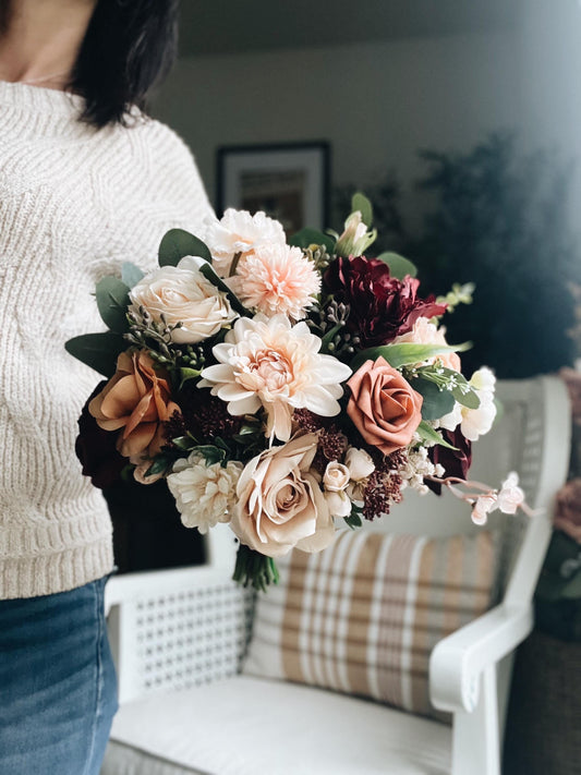 Autumn Fall Bridal Bouquet with Peach, Dusty Pink, Rust Roses, Burgundy Peonies and Lush Greenery