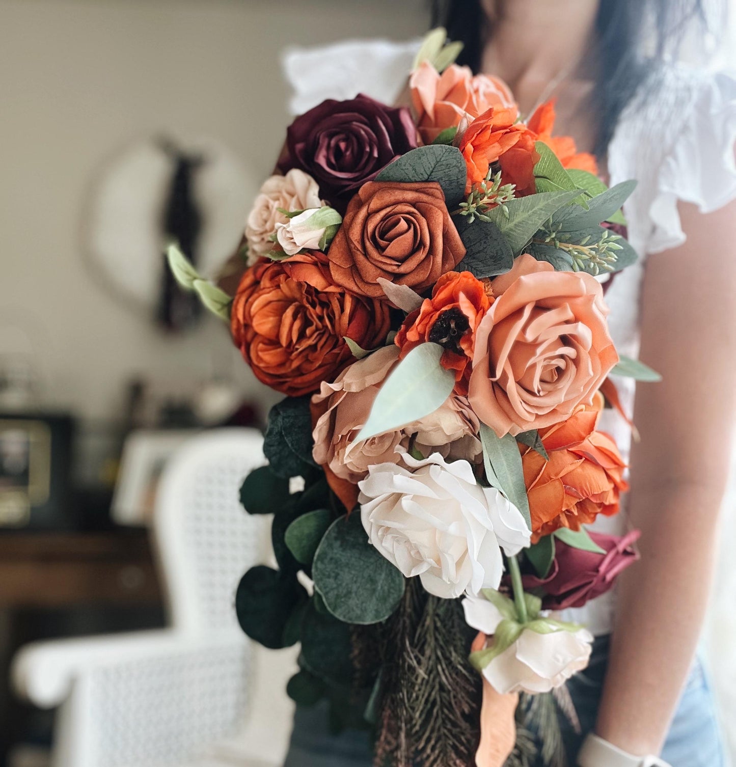 JUST ADDED Fall Late Summer Bridal Bouquet Cascading Flowers for Wedding Burgundy Rust Orange Beige