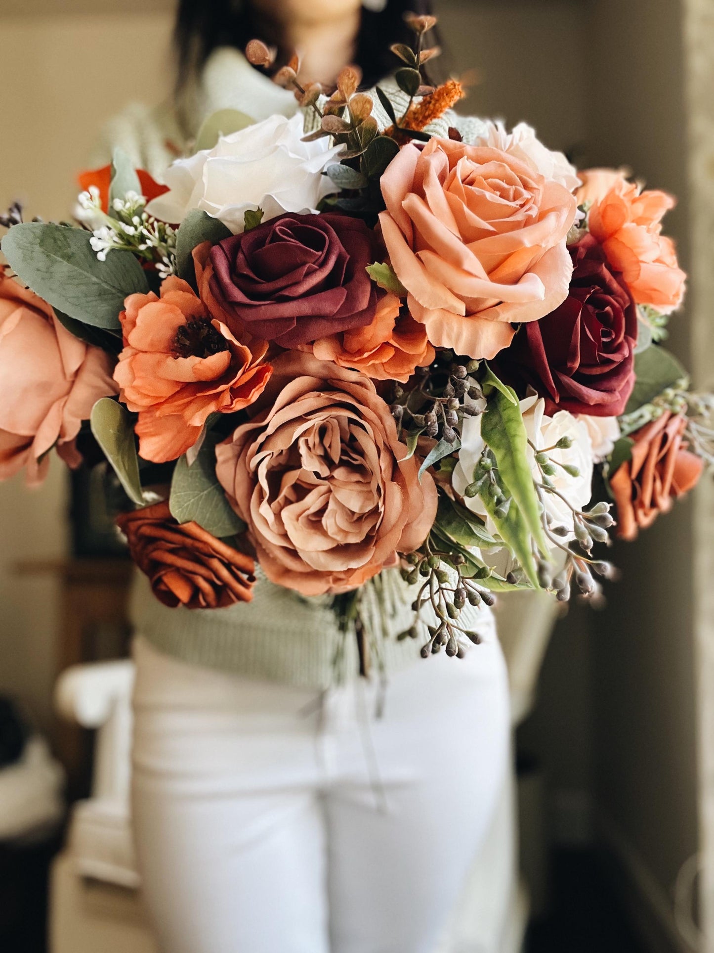 English Bridal Bouquet Fall Autumn Summer Terracotta Orange Blush Brown Garden Cream