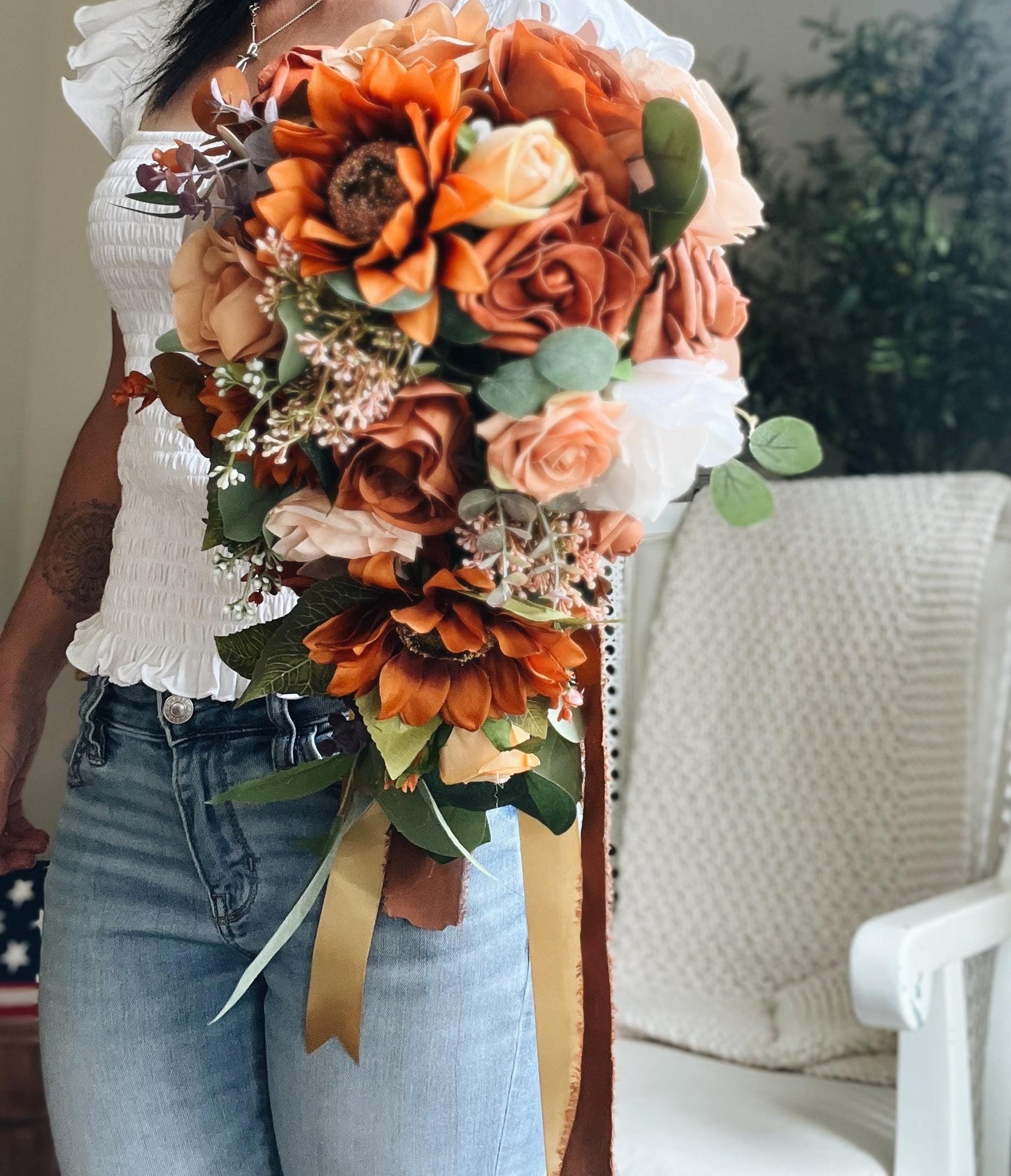 JUST ADDED Fall Late Summer Bridal Bouquet Cascading Flowers for Wedding Sunflower Rust Orange Terracotta
