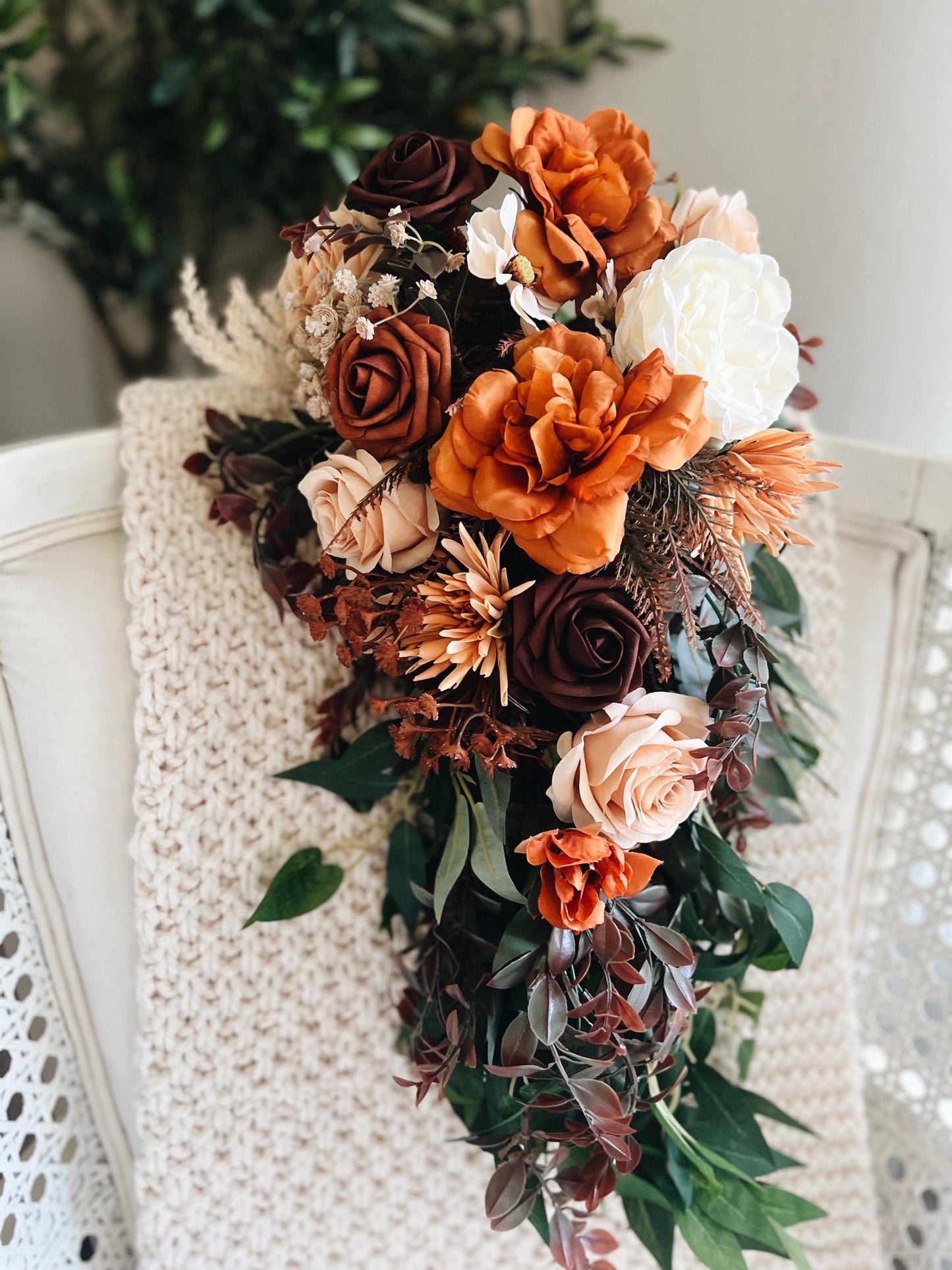 Stunning Large Cascading Autumn Bouquet - Rustic Peach, Burgundy, Rust Orange Garden Flowers Fall Wedding