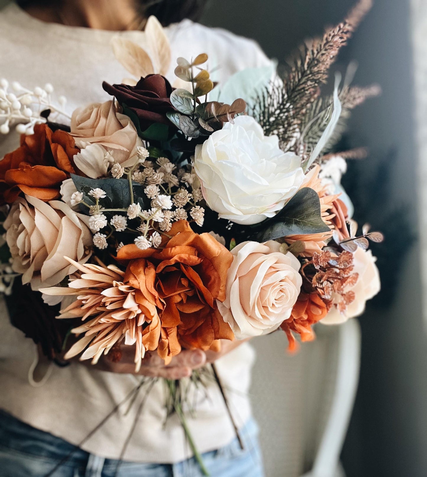 Elegant Autumn Bouquet - Rustic Peach, Cream Garden Roses, Rust Orange Garden Flowers Fall Wedding