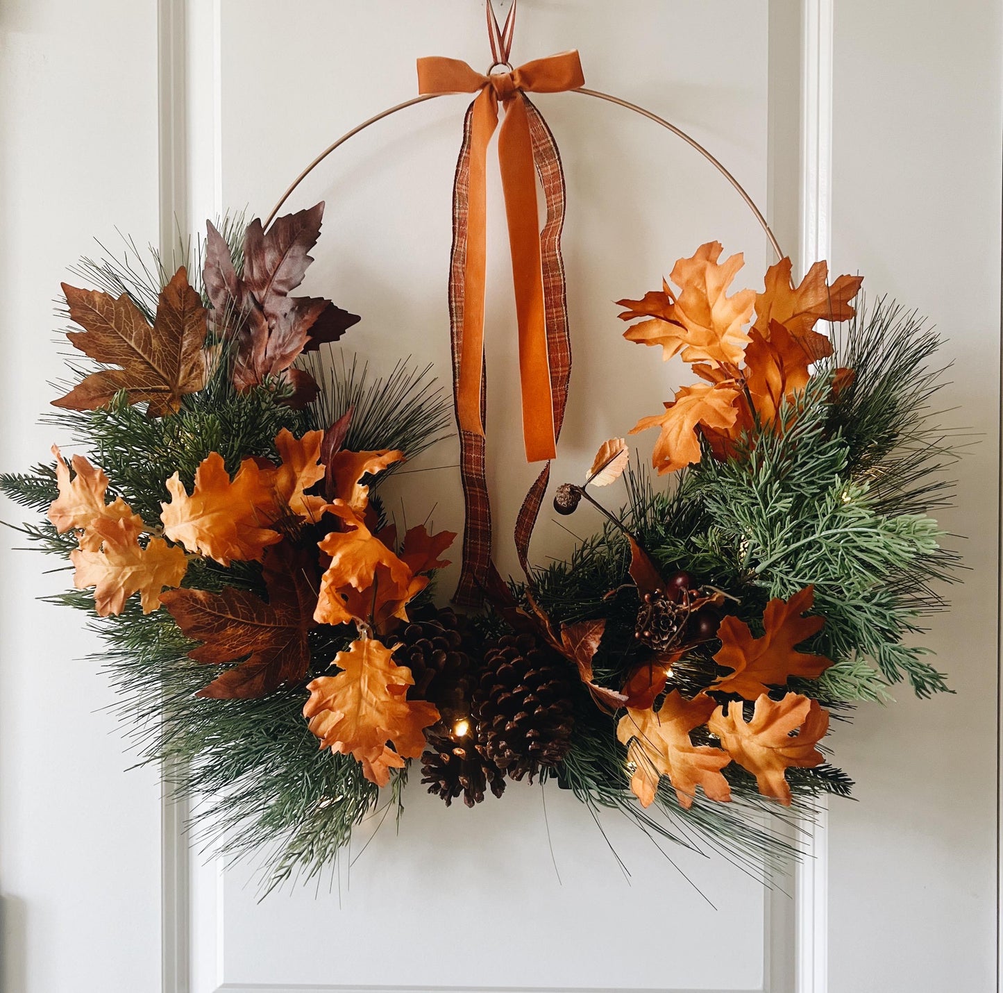 Fall Hoop Wreath Greenery- Leaves- Fall Ribbon and warm lights- Autumn Large Wreath Thanksgiving