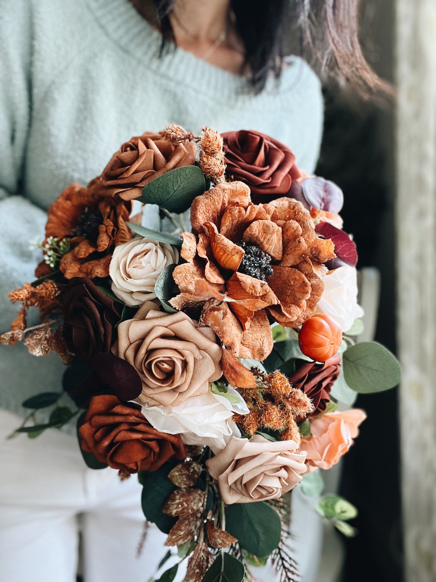 Fall Late Summer Bridal Bouquet Cascading Flowers for Wedding Peach Brown Beige
