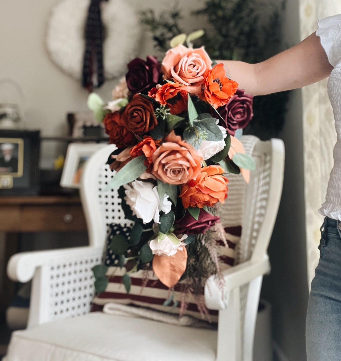 JUST ADDED Fall Late Summer Bridal Bouquet Cascading Flowers for Wedding Burgundy Rust Orange Beige