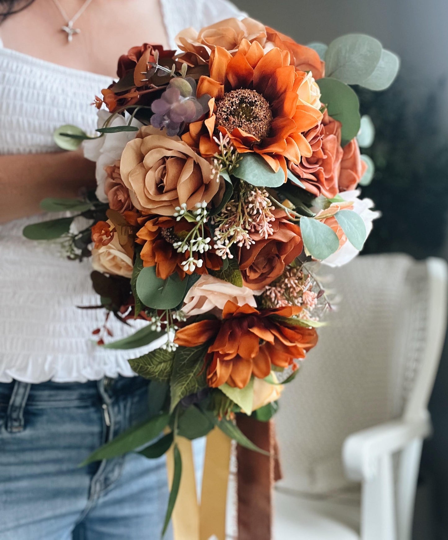 JUST ADDED Fall Late Summer Bridal Bouquet Cascading Flowers for Wedding Sunflower Rust Orange Terracotta