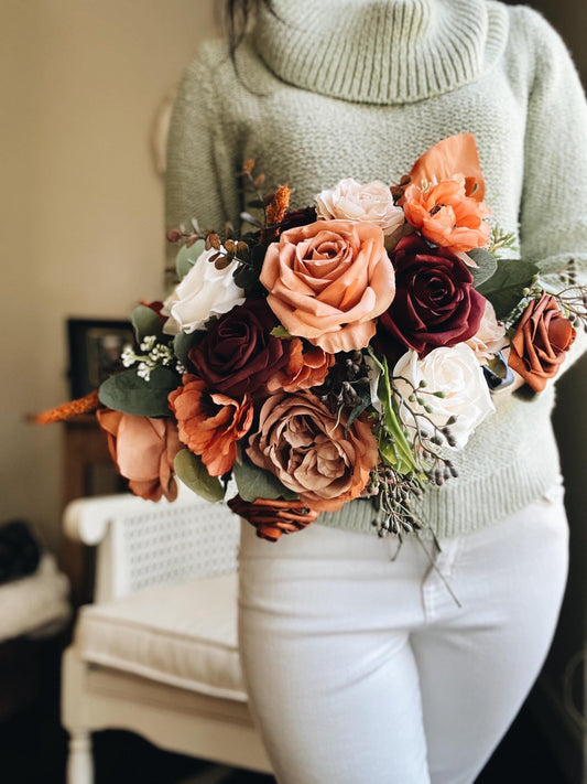 English Bridal Bouquet Fall Autumn Summer Terracotta Orange Blush Brown Garden Cream