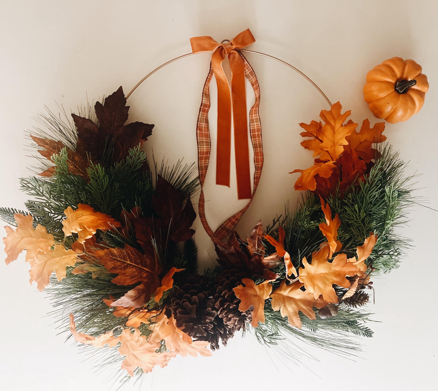 Fall Hoop Wreath Greenery- Leaves- Fall Ribbon and warm lights- Autumn Large Wreath Thanksgiving
