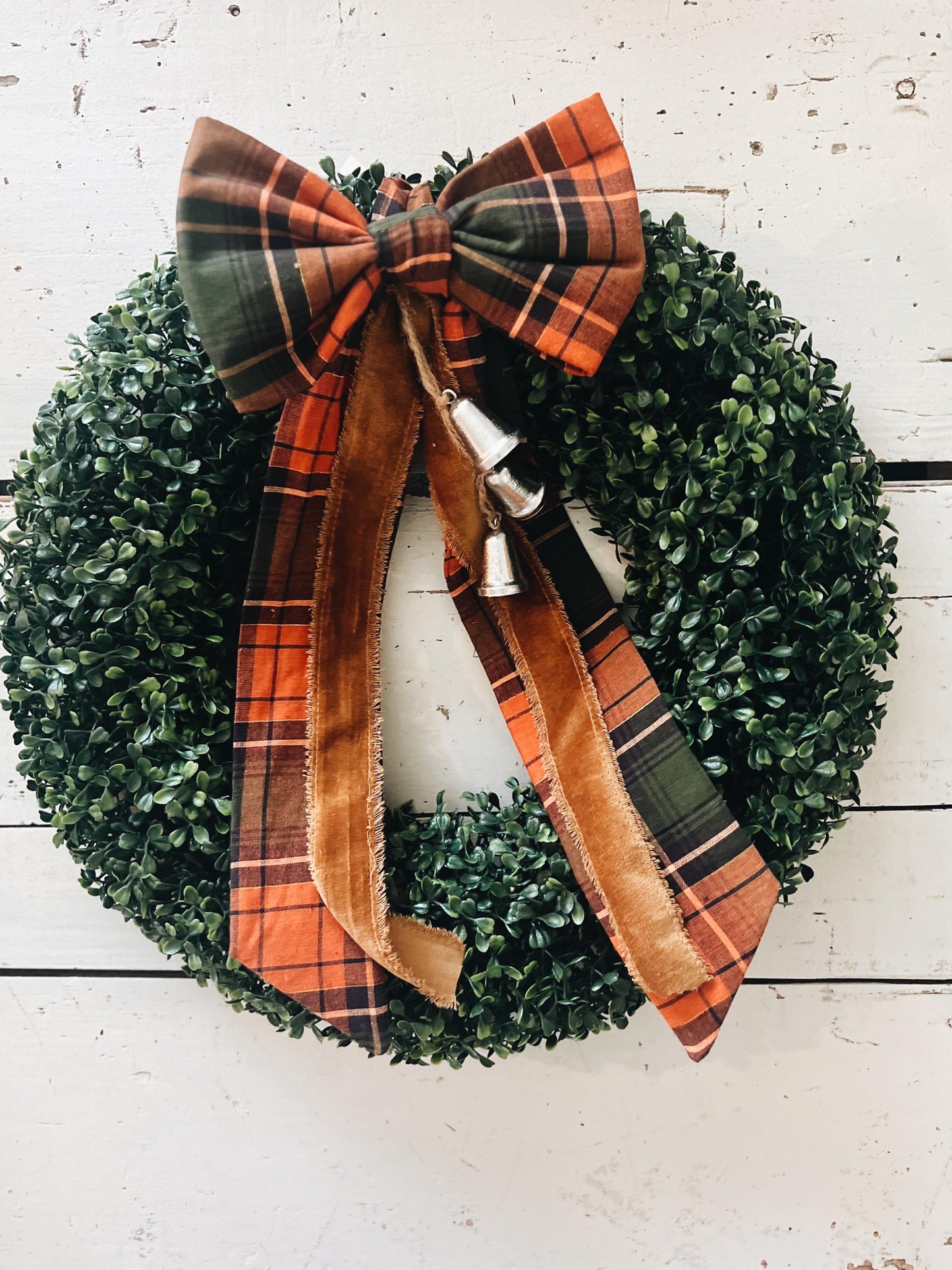 Boxwood Wreath with Thanksgiving Bow and Bells Fall Colors Velvet