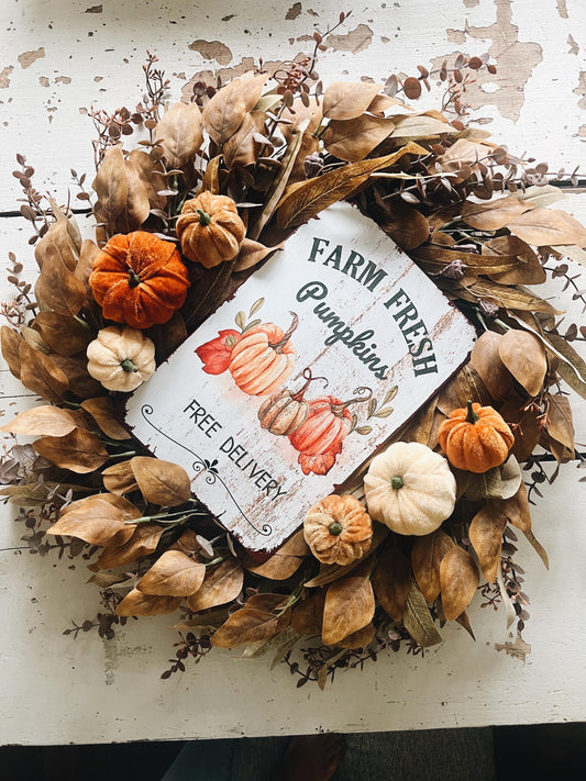 Rustic Velvet Pumpkins Fall Wreath - 26” Autumn Decor with distressed metal Pumpkin Sign