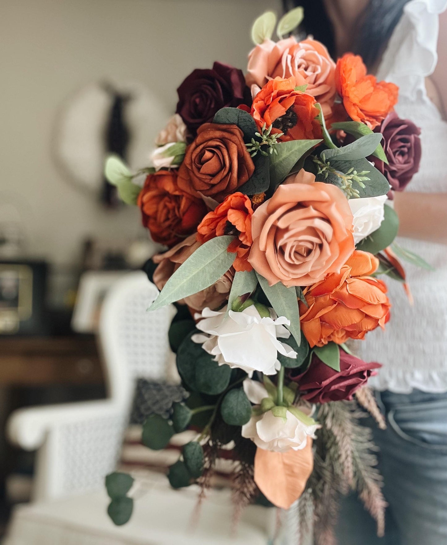 JUST ADDED Fall Late Summer Bridal Bouquet Cascading Flowers for Wedding Burgundy Rust Orange Beige