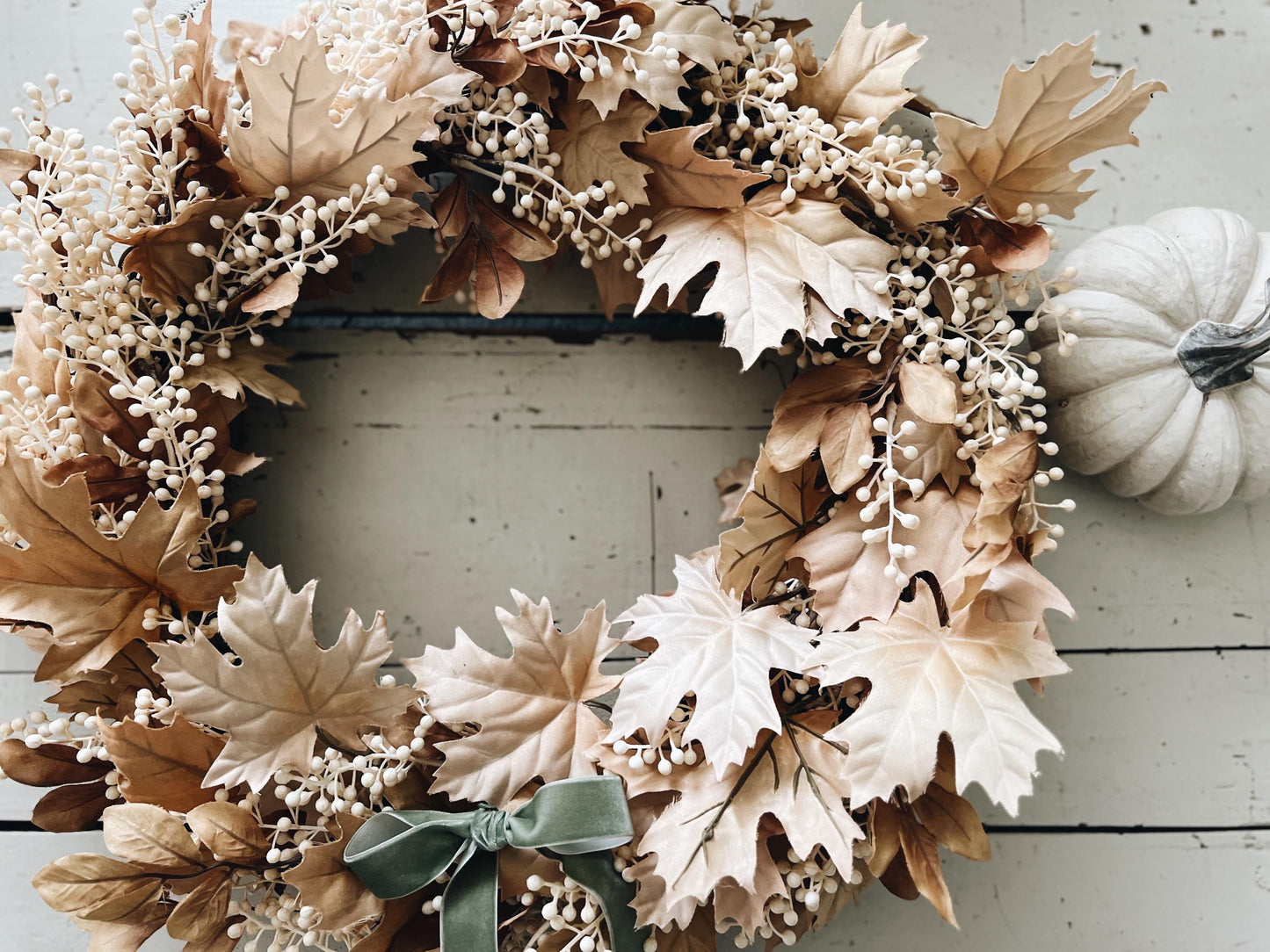 Fall Thanksgiving Wreath Beige Maple Leaves with Cream Berries and Ribbon