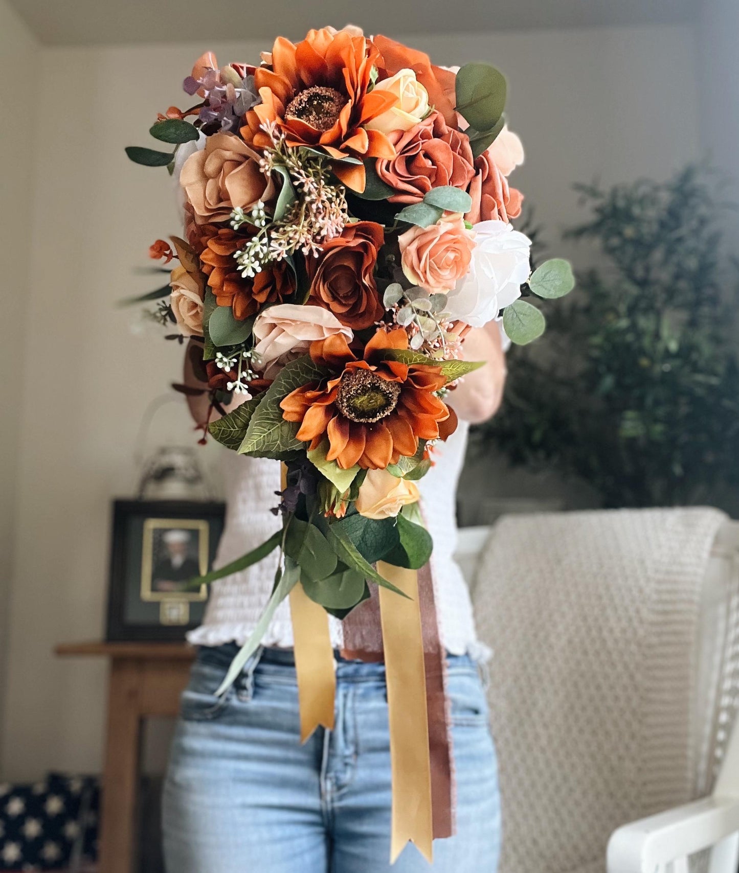 JUST ADDED Fall Late Summer Bridal Bouquet Cascading Flowers for Wedding Sunflower Rust Orange Terracotta