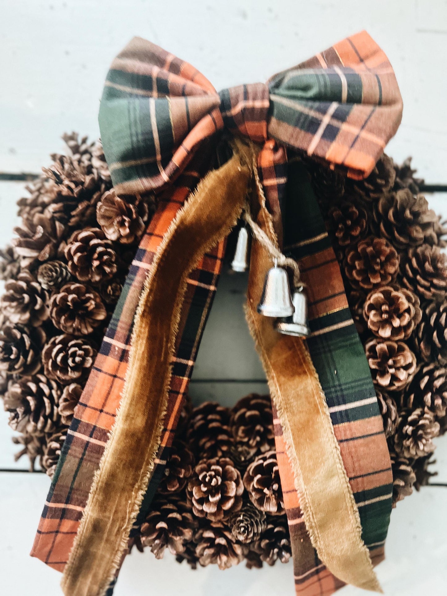 Pinecone Wreath with Thanksgiving Bow and Bells Fall Colors Velvet