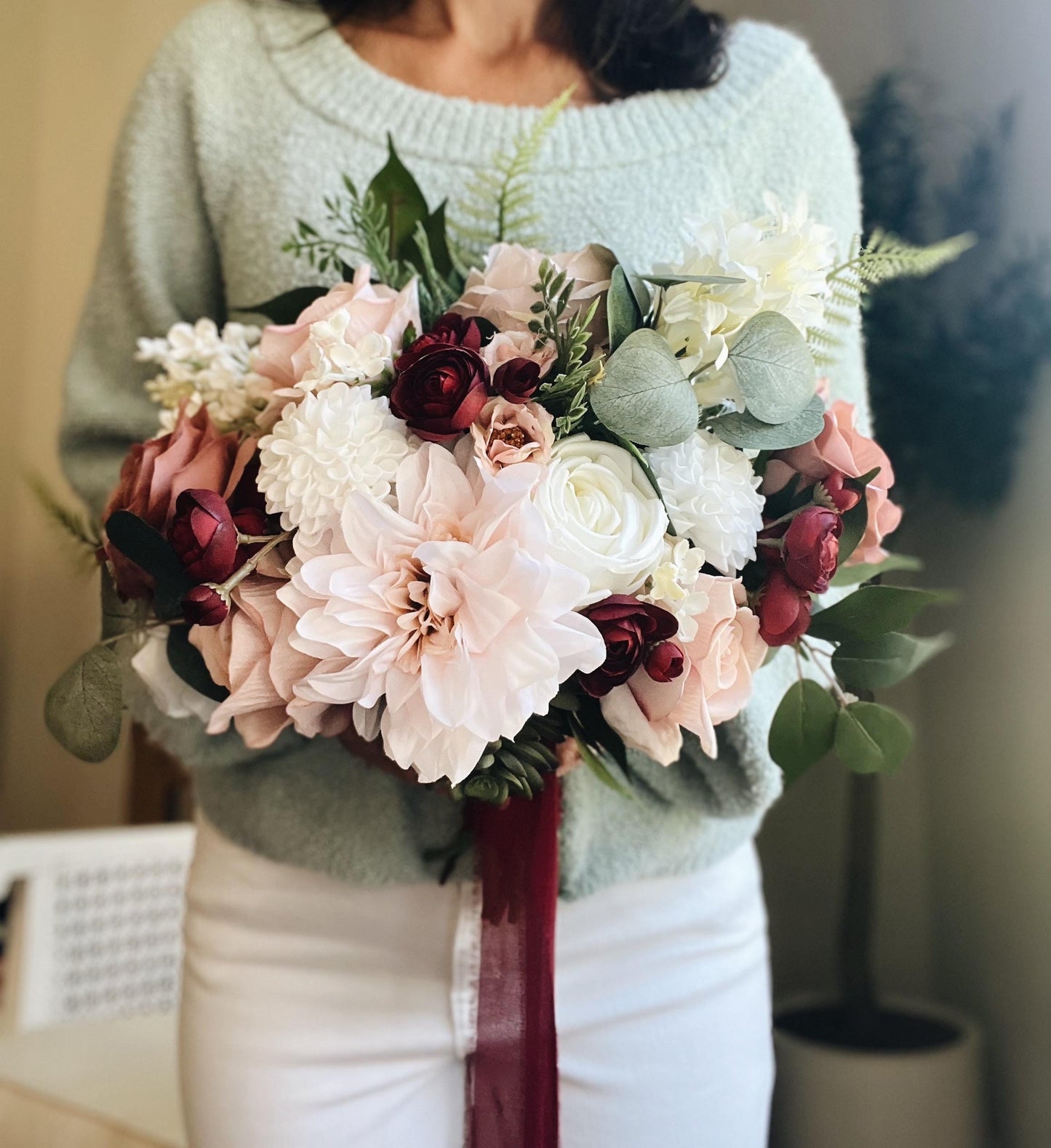 Romantic Blooms: Garden Blush and Burgundy Bridal Bouquet with Roses, Dahlias, and Succulent Accents English Garden