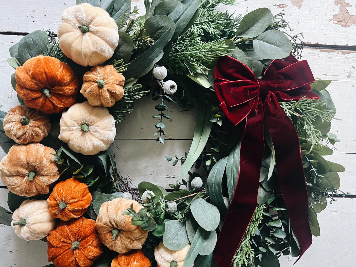 Luxe 24” Artificial Pumpkin Wreath - Fall Harvest Decor with Velvet Bow