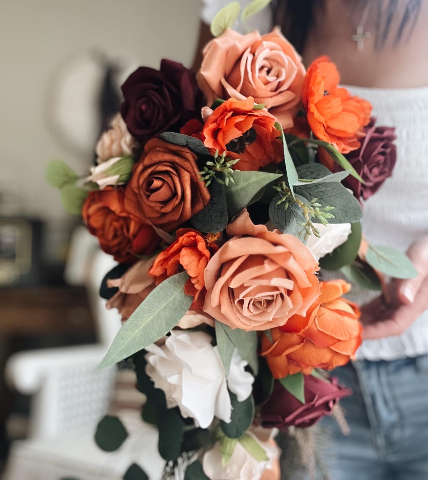 JUST ADDED Fall Late Summer Bridal Bouquet Cascading Flowers for Wedding Burgundy Rust Orange Beige