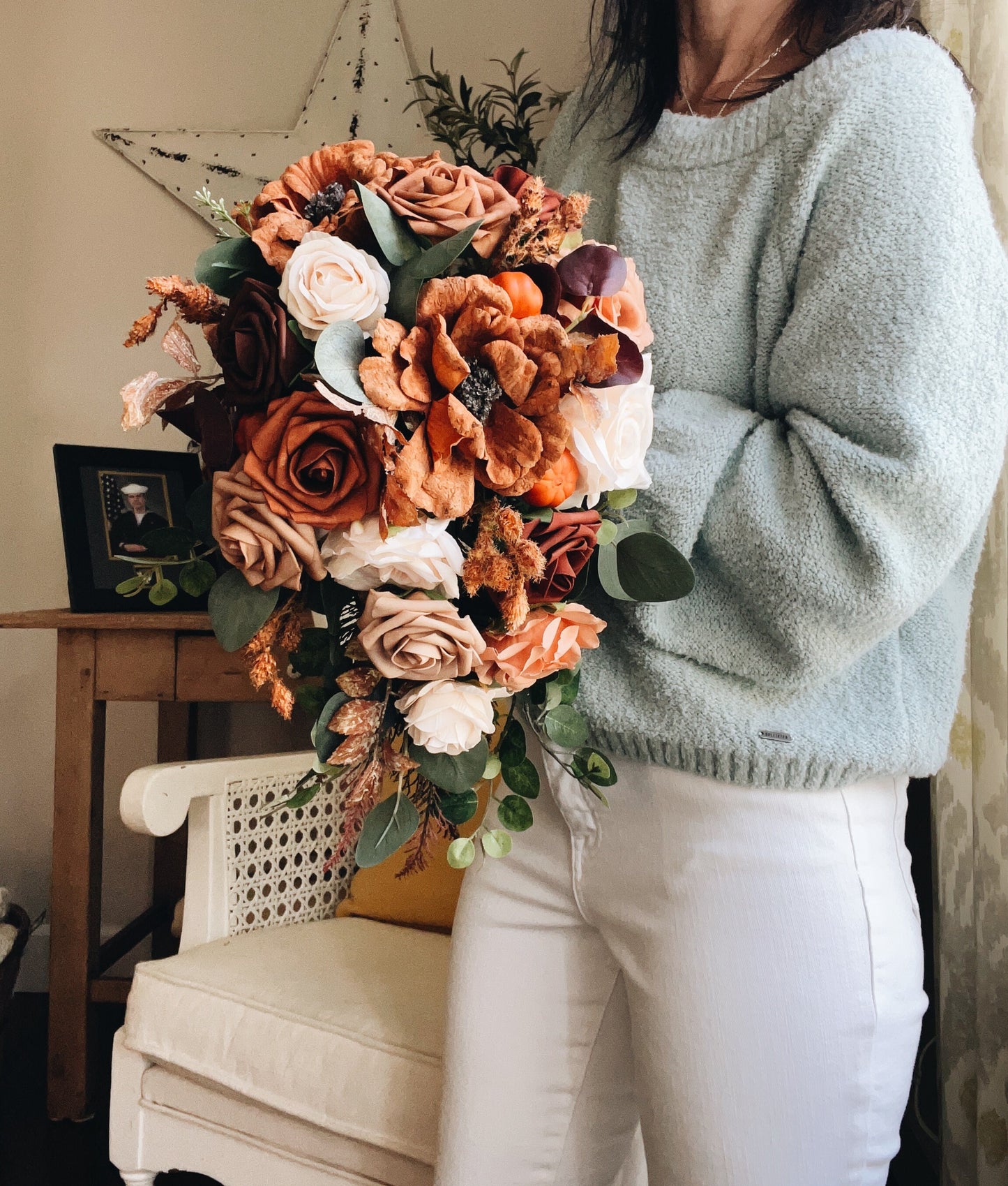 Fall Late Summer Bridal Bouquet Cascading Flowers for Wedding Peach Brown Beige