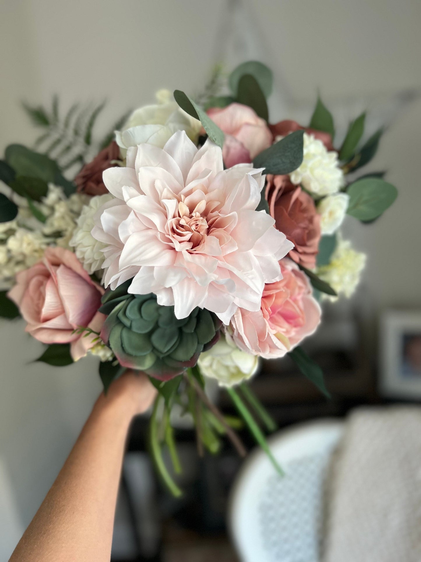 Romantic Blooms: Garden Blush Bridal Bouquet with Roses, Dahlias, and Succulent Accents English Garden