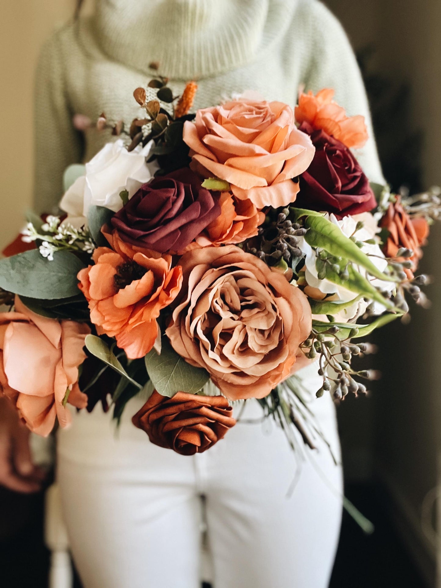 English Bridal Bouquet Fall Autumn Summer Terracotta Orange Blush Brown Garden Cream