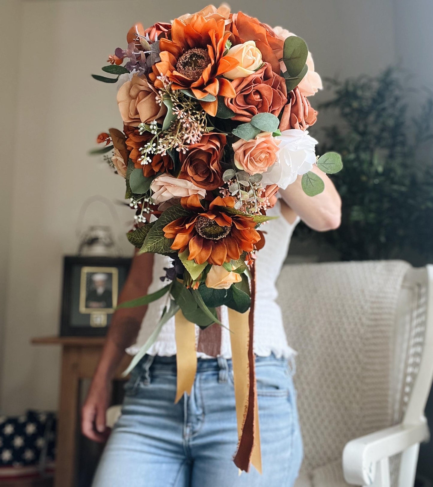 JUST ADDED Fall Late Summer Bridal Bouquet Cascading Flowers for Wedding Sunflower Rust Orange Terracotta