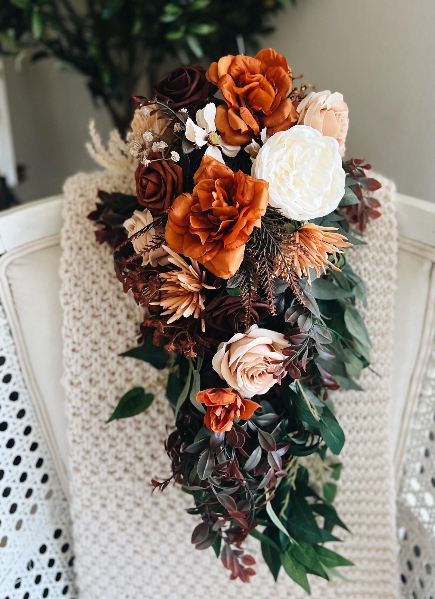 Stunning Large Cascading Autumn Bouquet - Rustic Peach, Burgundy, Rust Orange Garden Flowers Fall Wedding