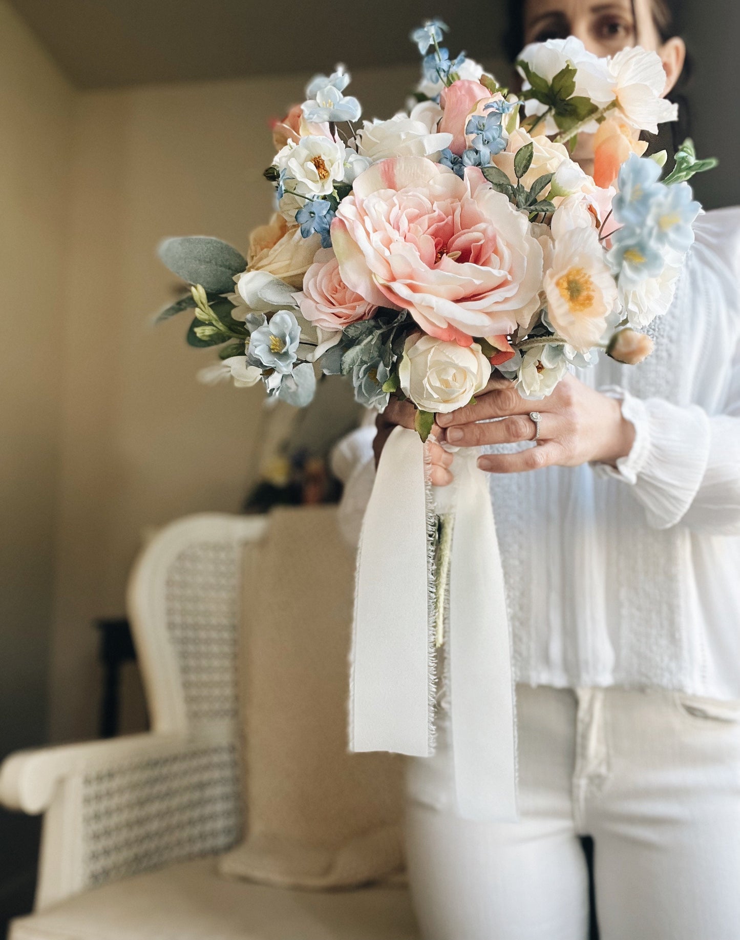 Whimsical and Flowy Pastel Garden Rose Bridal Bouquet - Fairy Tale Wedding Bouquet