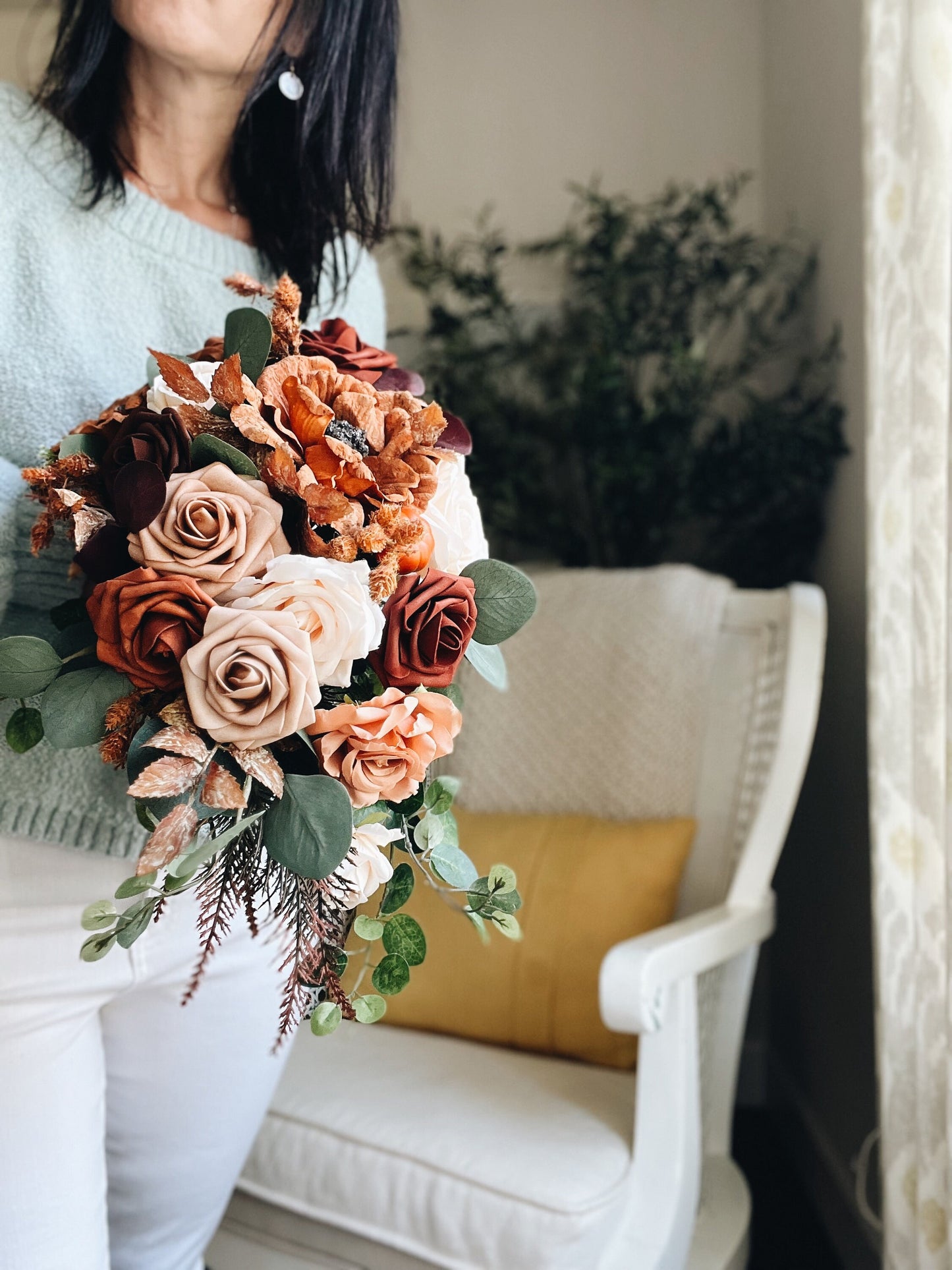 Fall Late Summer Bridal Bouquet Cascading Flowers for Wedding Peach Brown Beige