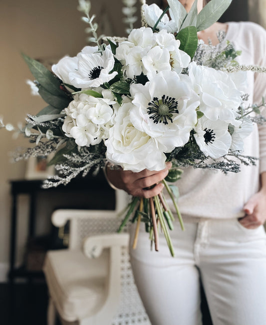 Elegant Classic Anemone Hydrangea Rose Bridal Bouquet - Garden-inspired Wedding Flowers White Cream