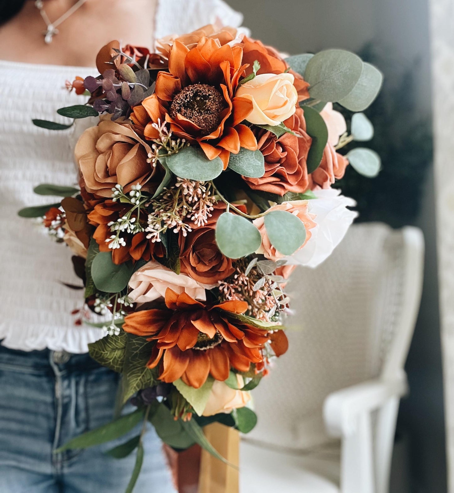 JUST ADDED Fall Late Summer Bridal Bouquet Cascading Flowers for Wedding Sunflower Rust Orange Terracotta