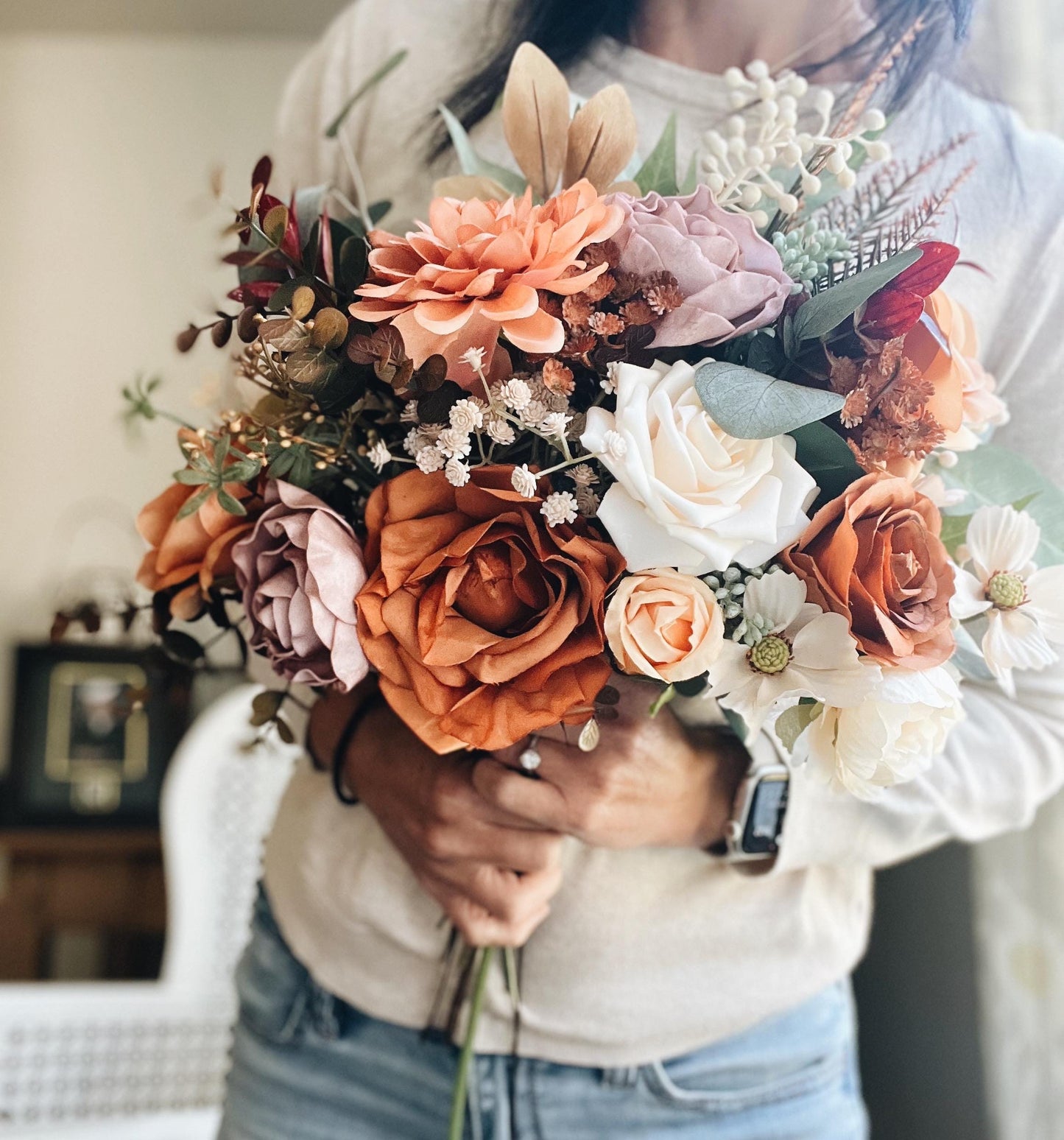Perfect Lovely Autumn Bouquet - Rustic Peach, Lavender Gardenia, Rust Orange Garden Flowers Fall Wedding