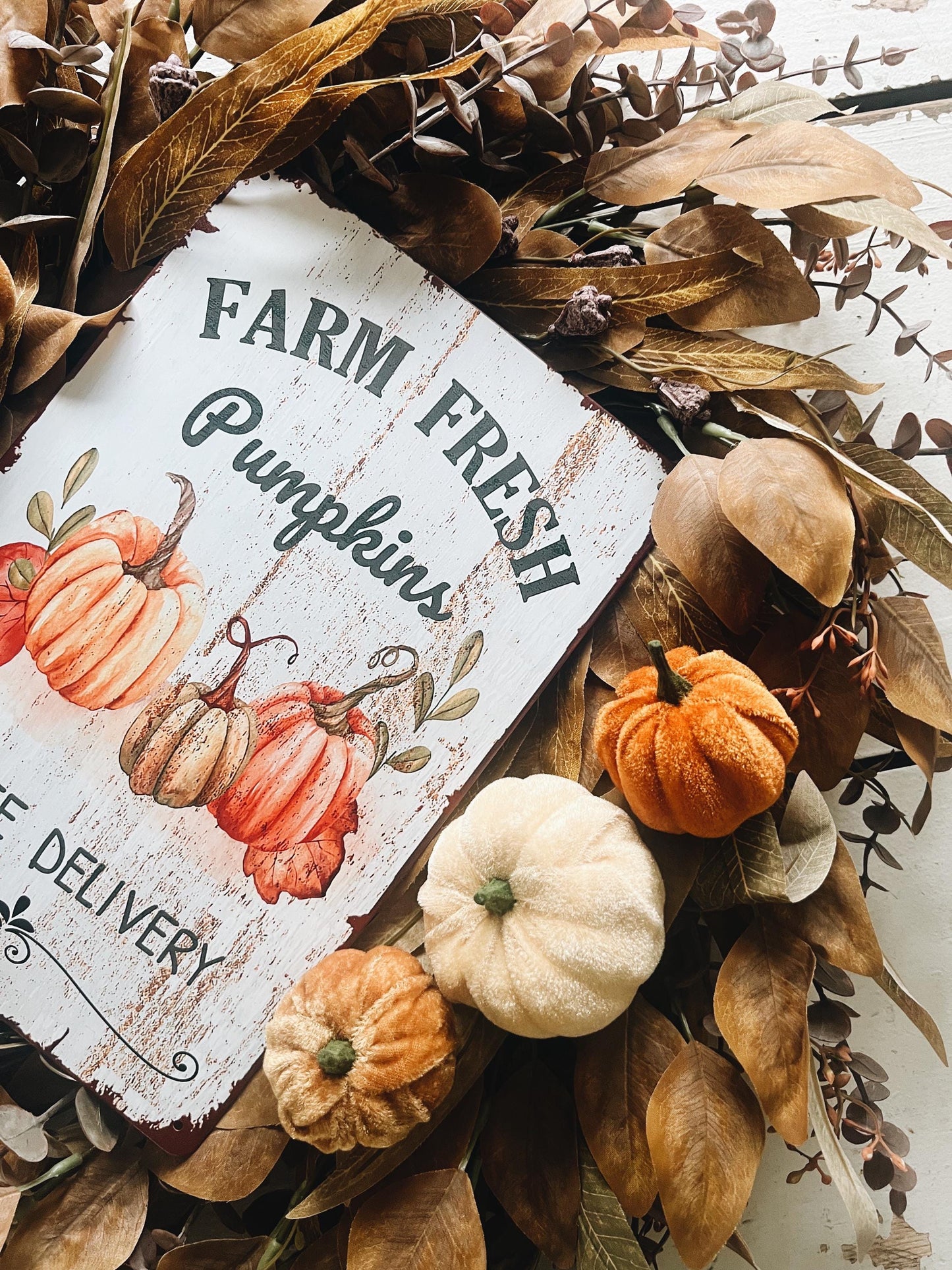 Rustic Velvet Pumpkins Fall Wreath - 26” Autumn Decor with distressed metal Pumpkin Sign