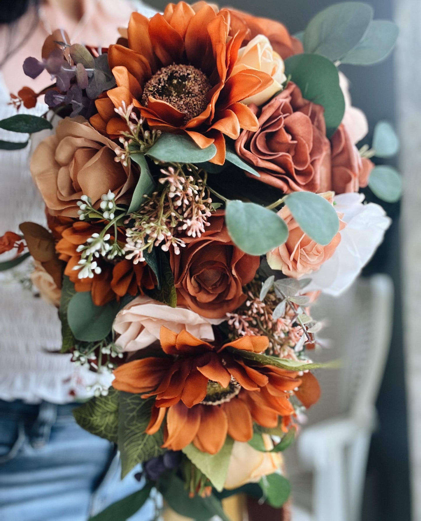 JUST ADDED Fall Late Summer Bridal Bouquet Cascading Flowers for Wedding Sunflower Rust Orange Terracotta