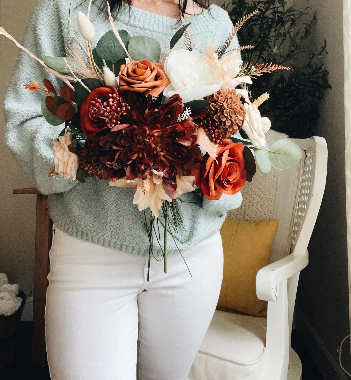 Fall Late Summer Bridal Bouquet Cascading Flowers for Wedding Rust Orange Beige
