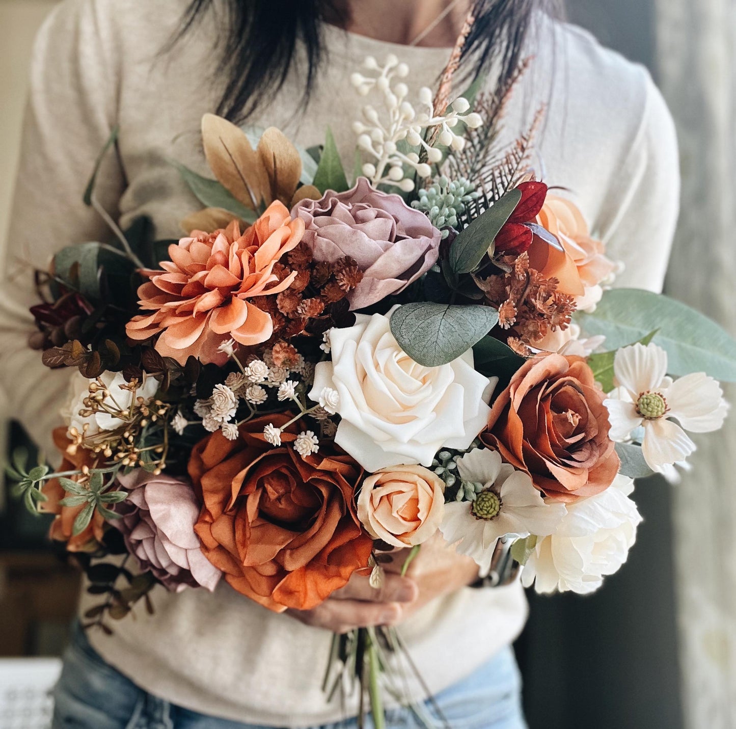 Perfect Lovely Autumn Bouquet - Rustic Peach, Lavender Gardenia, Rust Orange Garden Flowers Fall Wedding