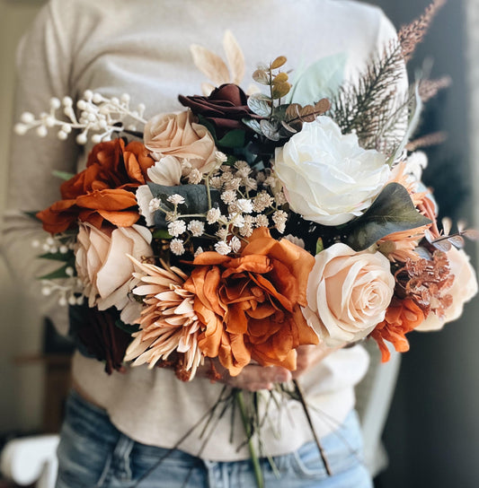 Elegant Autumn Bouquet - Rustic Peach, Cream Garden Roses, Rust Orange Garden Flowers Fall Wedding