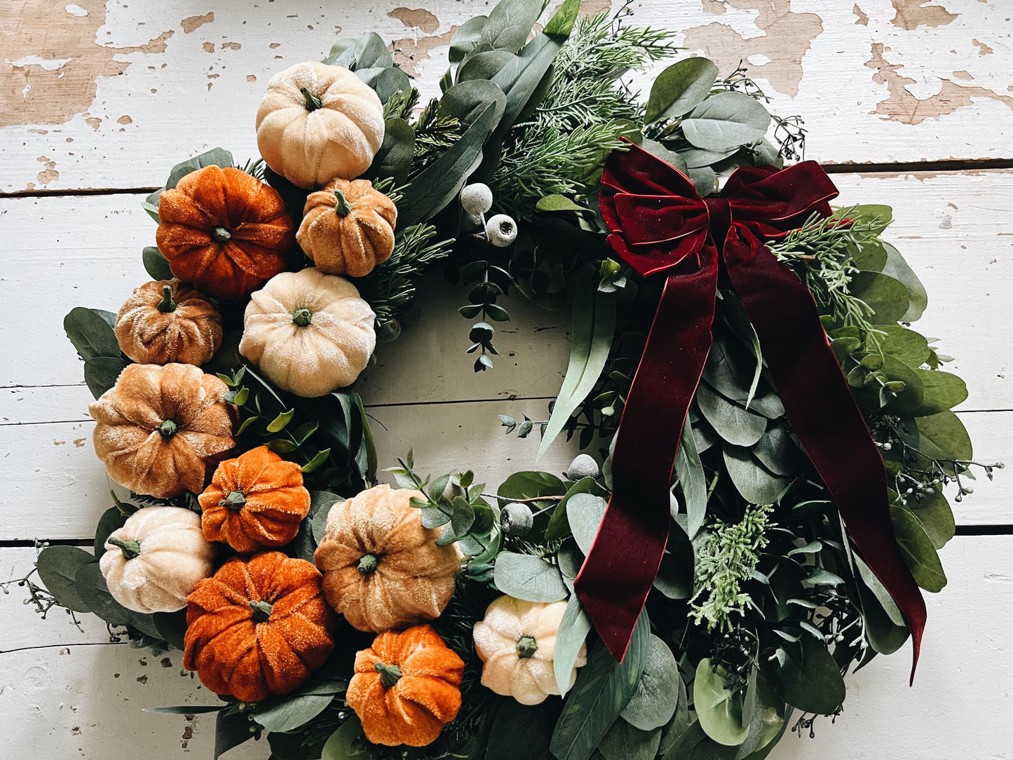Luxe 24” Artificial Pumpkin Wreath - Fall Harvest Decor with Velvet Bow