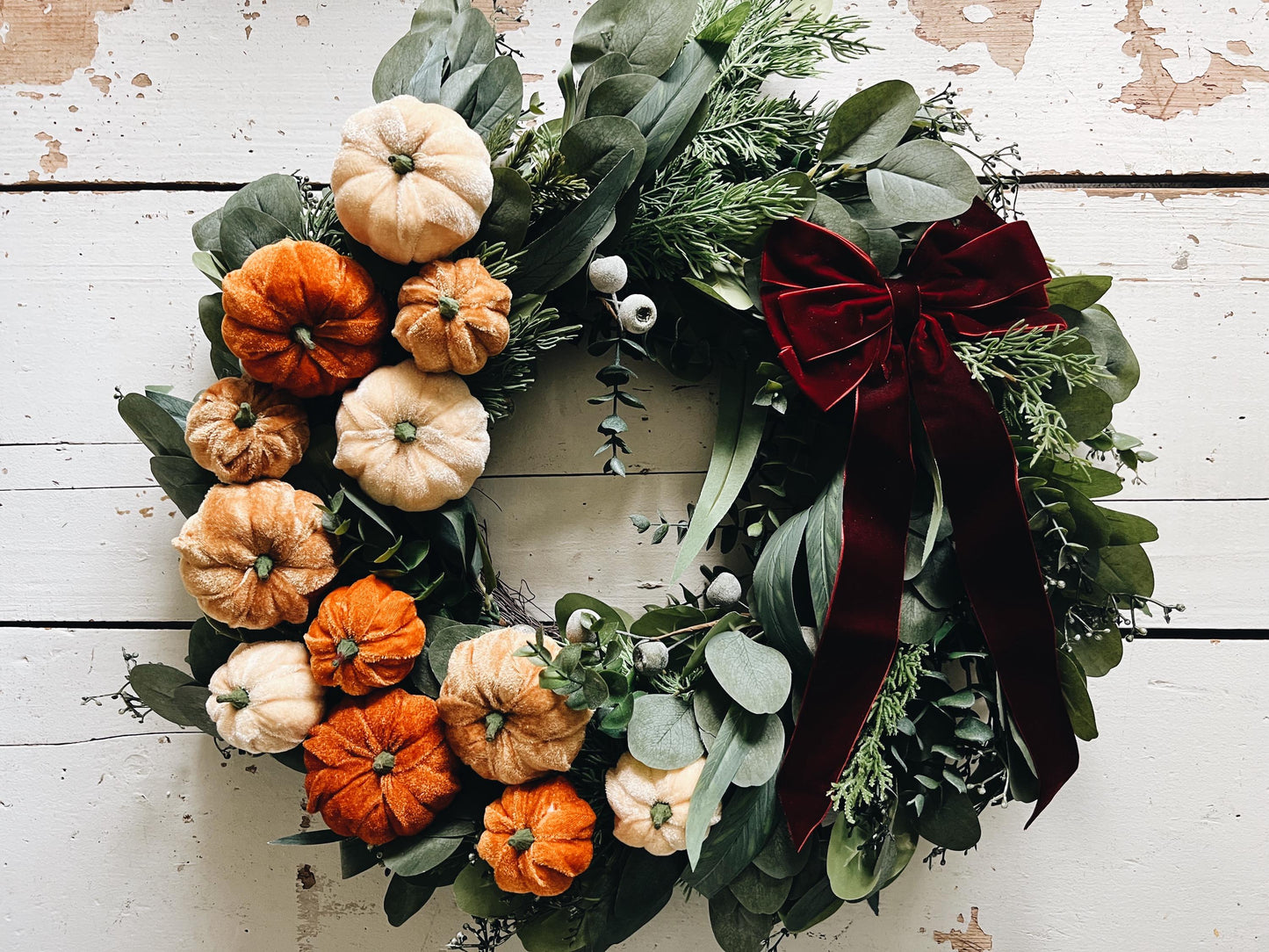 Luxe 24” Artificial Pumpkin Wreath - Fall Harvest Decor with Velvet Bow