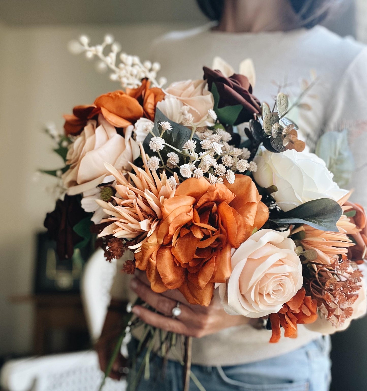 Elegant Autumn Bouquet - Rustic Peach, Cream Garden Roses, Rust Orange Garden Flowers Fall Wedding