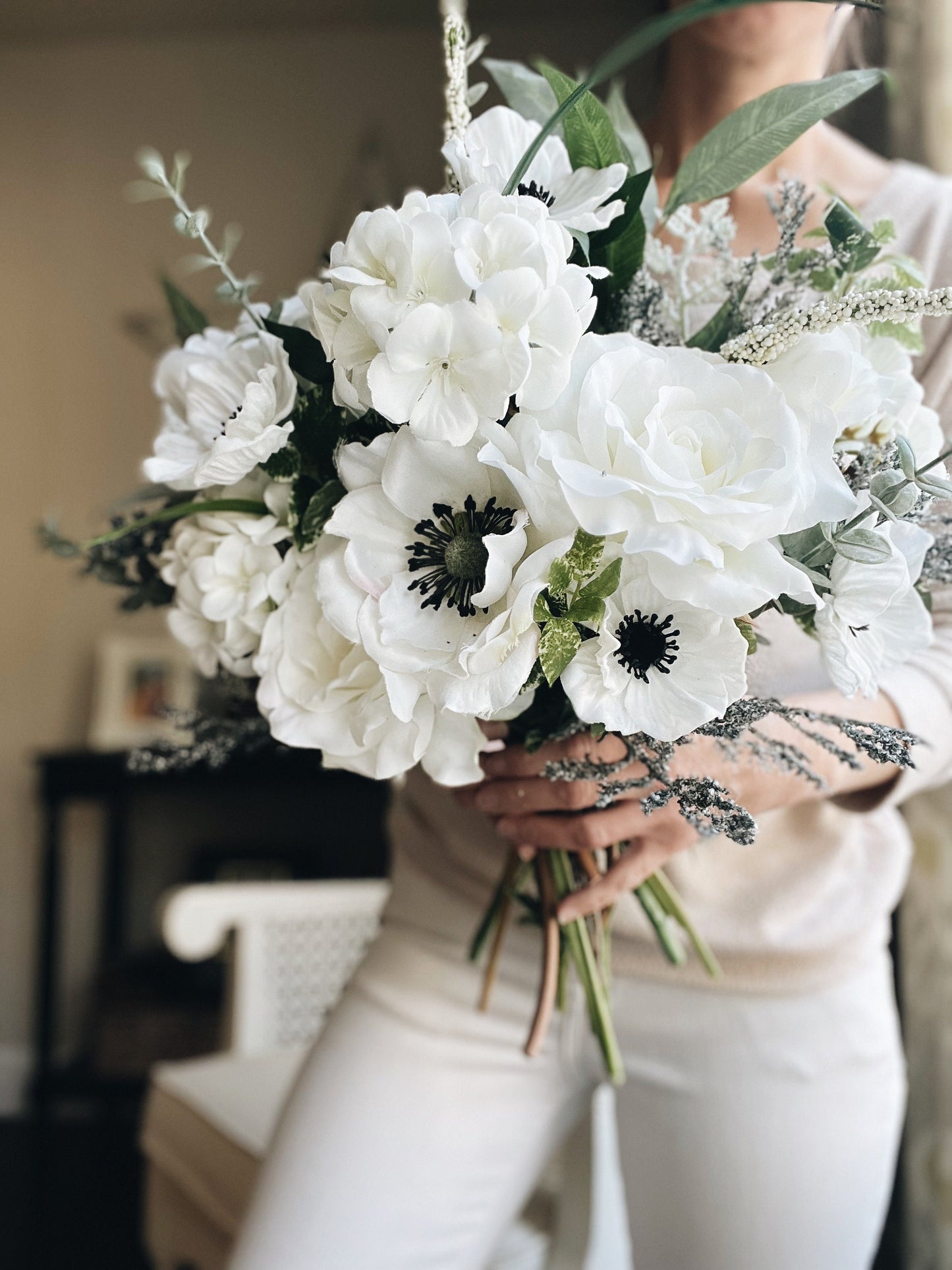 Elegant Classic Anemone Hydrangea Rose Bridal Bouquet - Garden-inspired Wedding Flowers White Cream