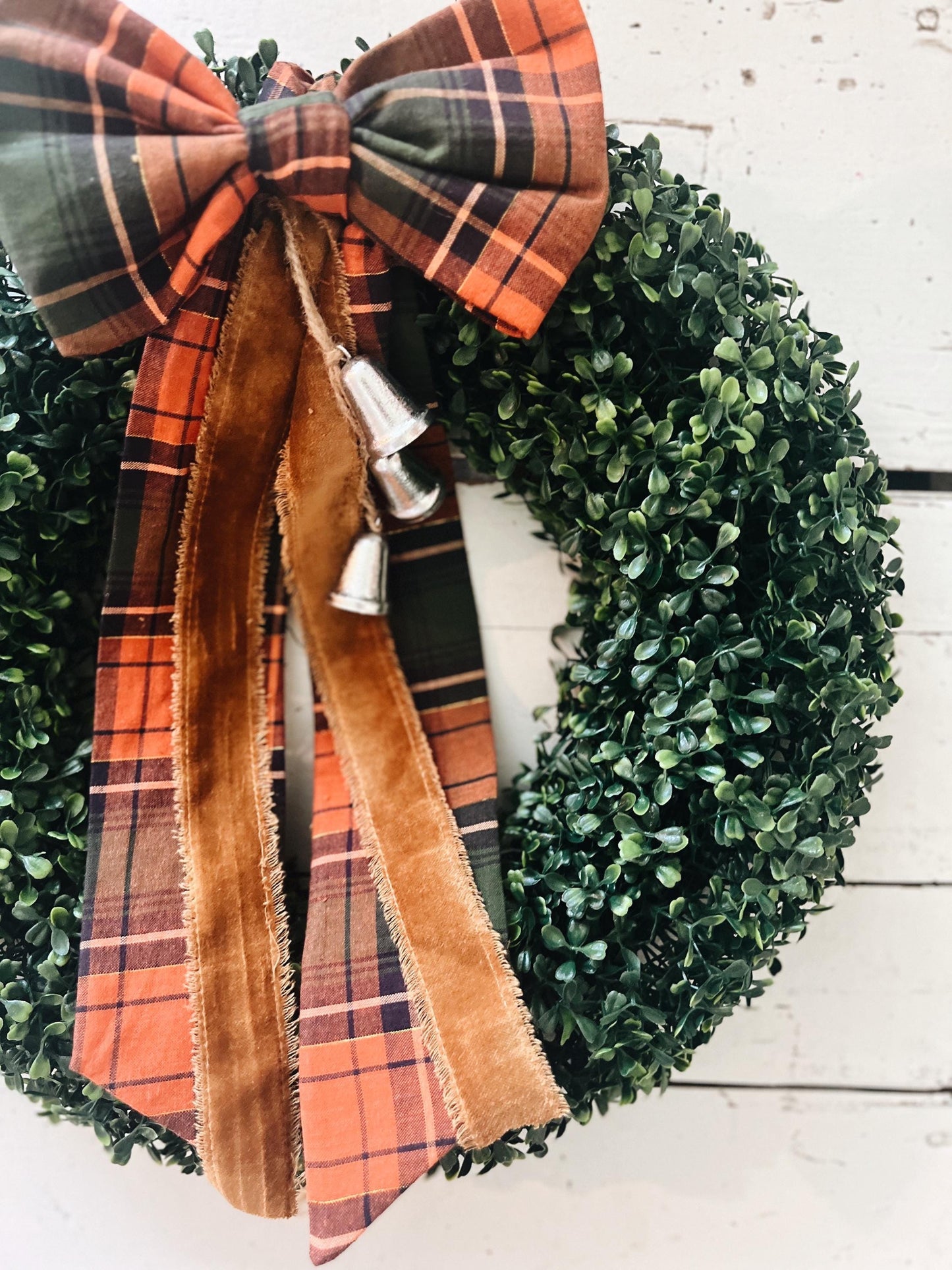 Boxwood Wreath with Thanksgiving Bow and Bells Fall Colors Velvet
