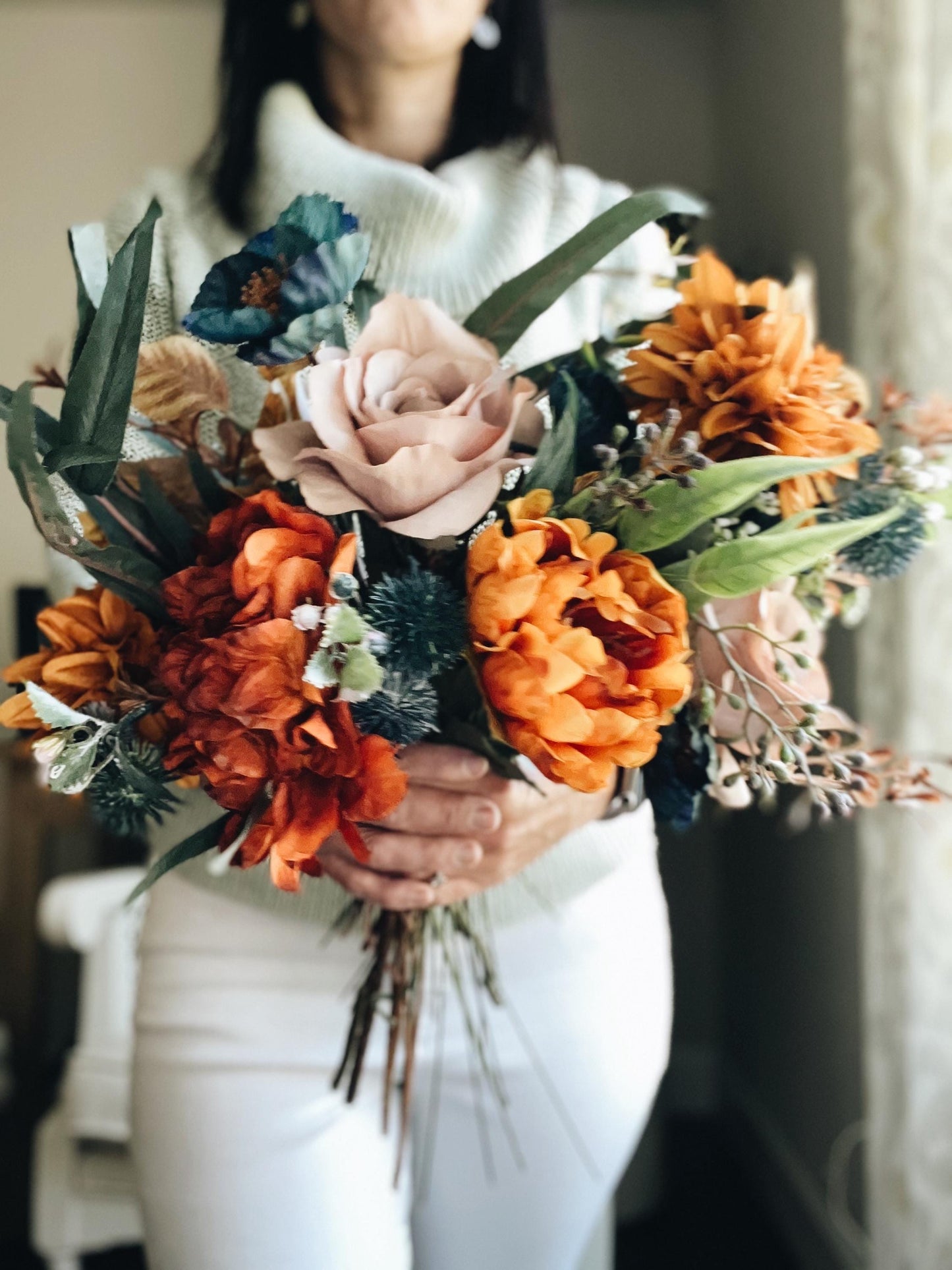 English Bridal Bouquet Fall Autumn Summer Terracotta Orange Rust Sage Garden Tuquoise