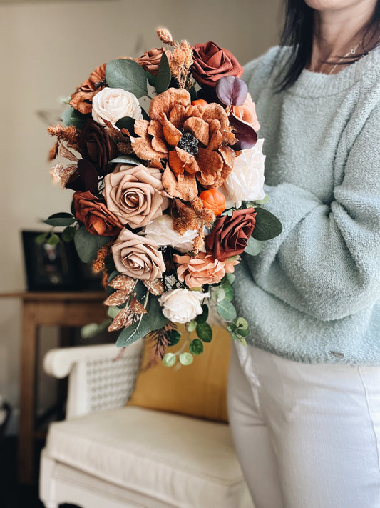 Fall Late Summer Bridal Bouquet Cascading Flowers for Wedding Peach Brown Beige
