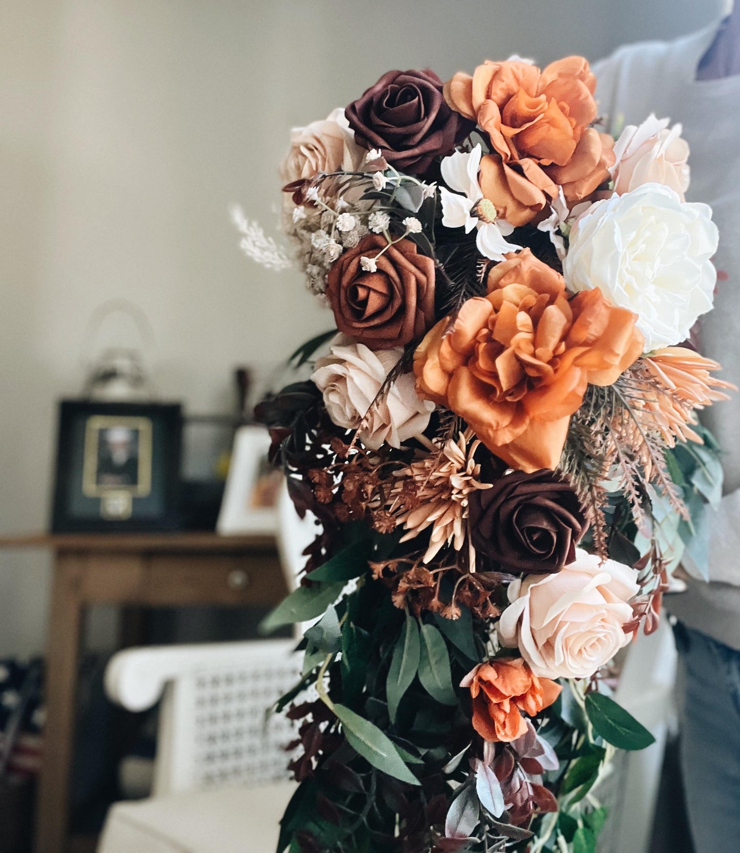 Stunning Large Cascading Autumn Bouquet - Rustic Peach, Burgundy, Rust Orange Garden Flowers Fall Wedding