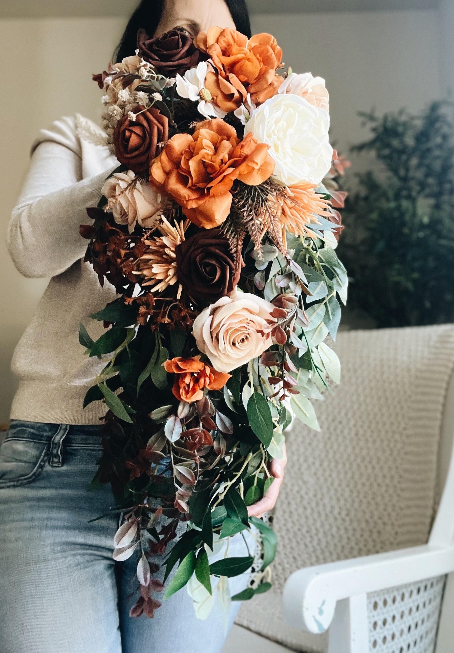Stunning Large Cascading Autumn Bouquet - Rustic Peach, Burgundy, Rust Orange Garden Flowers Fall Wedding