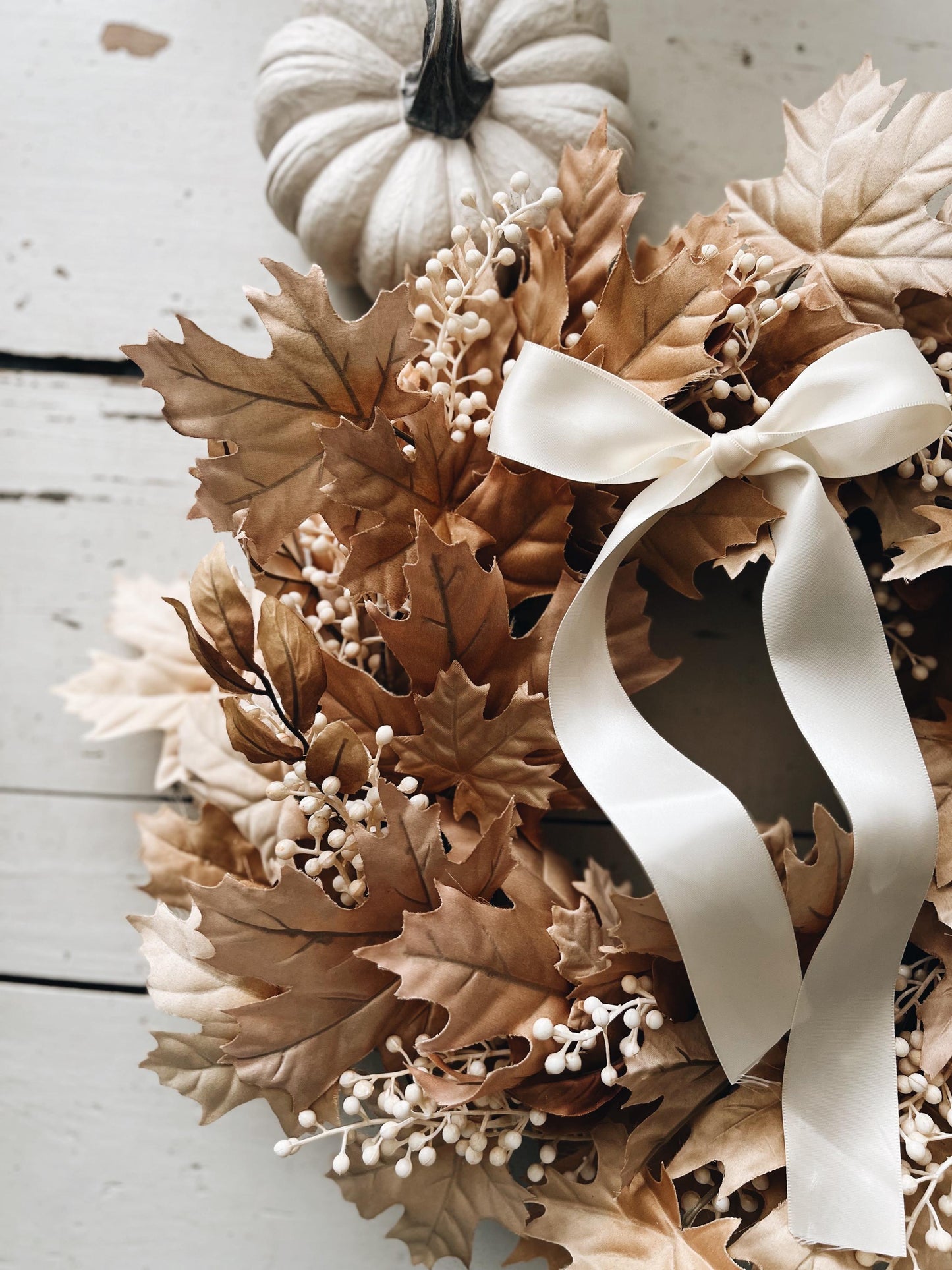 Fall Thanksgiving Wreath Beige Maple Leaves with Cream Berries and Ribbon