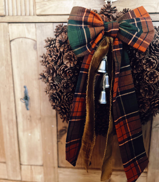 Pinecone Wreath with Thanksgiving Bow and Bells Fall Colors Velvet