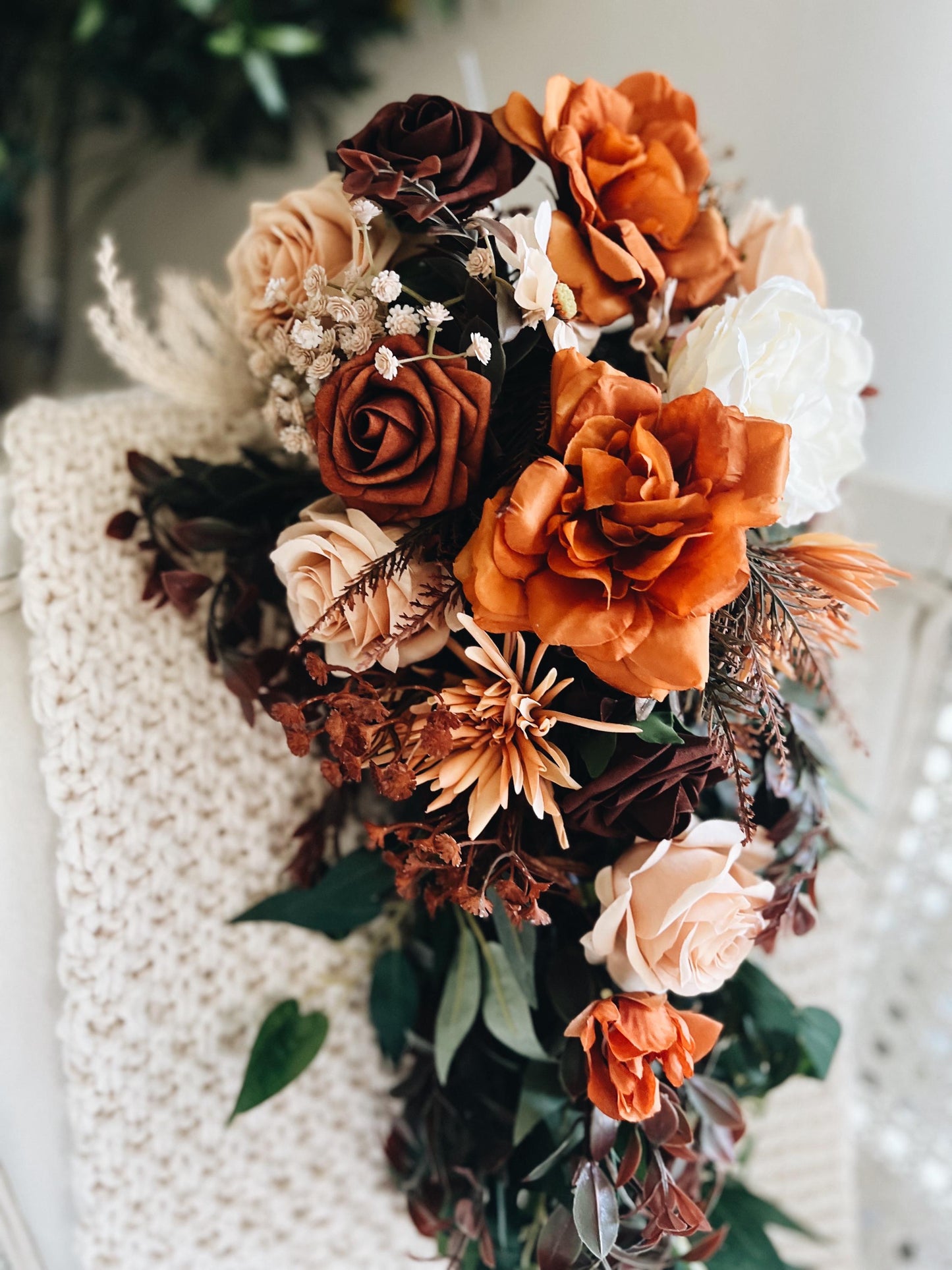 Stunning Large Cascading Autumn Bouquet - Rustic Peach, Burgundy, Rust Orange Garden Flowers Fall Wedding